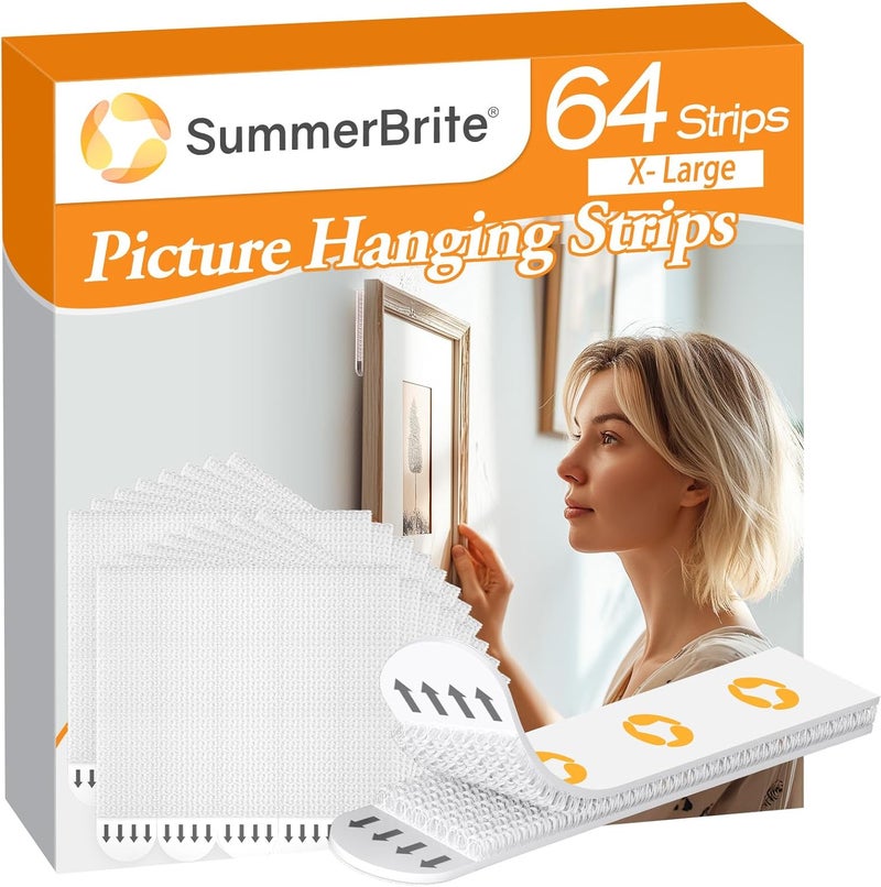 Summerbrite X-Large Picture Hanging Strips Heavy Duty, 64 Strips Damage Free Wall Picture Hangers Without Nails, Removable Refill Adhesive Strips for Wall Posters Home Decor, X-Large, White 32Pairs - Image 1
